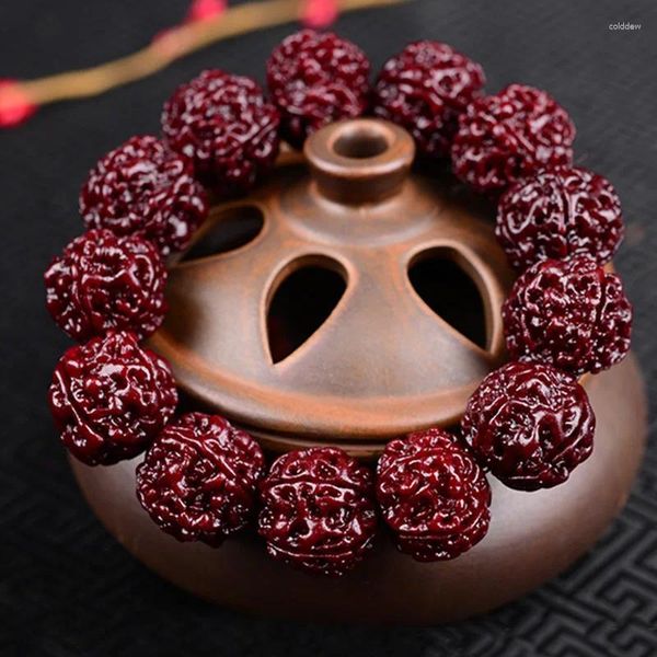 Strand Machine Escovado Patina Jadified Rudraksha Buddha Beads Five Faces Pulseira de couro vermelho