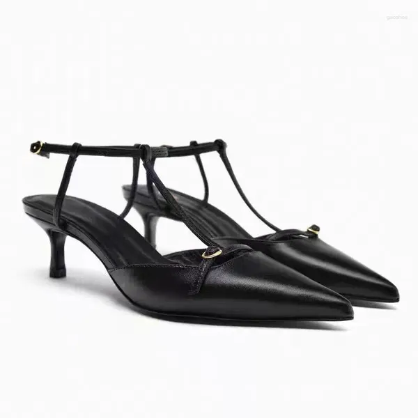 Elbise Ayakkabı Kadın Siyah Deri Yüksek Topuklu Şık Sinek T-şekilli ayak bileği toka Seksi Açık Topuk Sandalet 41 Boyut Özel Fiyat