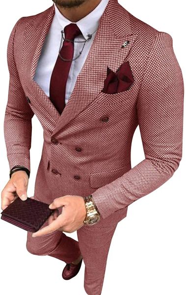 Ternos masculinos terno cinza formal 2 peças fino ajuste duplo breasted xadrez lã macia tweed baile smoking casamento padrinhos (blazer + calças)