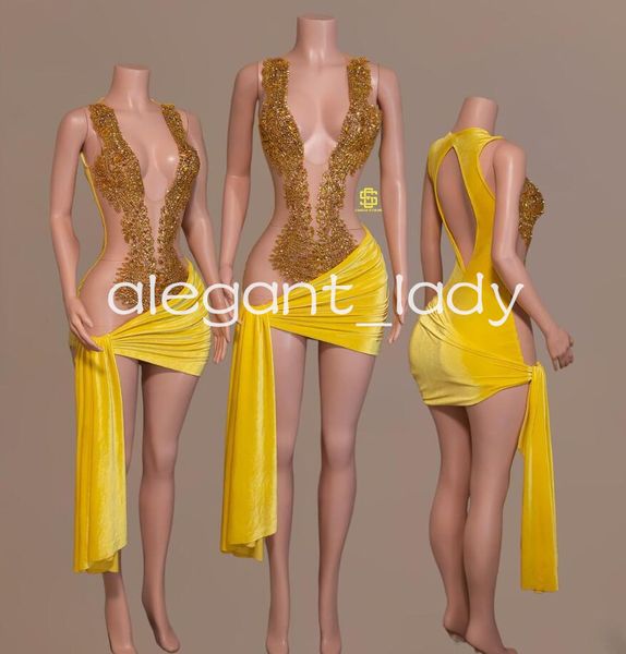 Amarelo brilhante mini vestidos de cocktail de noite para mulheres luxo diamante cristal pura malha aniversário gala vestido preto menina