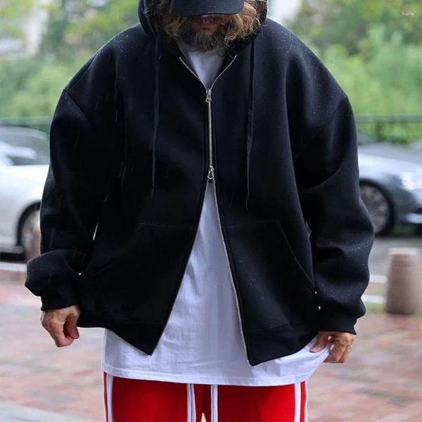 Hoodies masculinos moletom casaco duplo zíper com capuz outwear com bolsos de cordão cor sólida solto ajuste quente com capuz para o outono