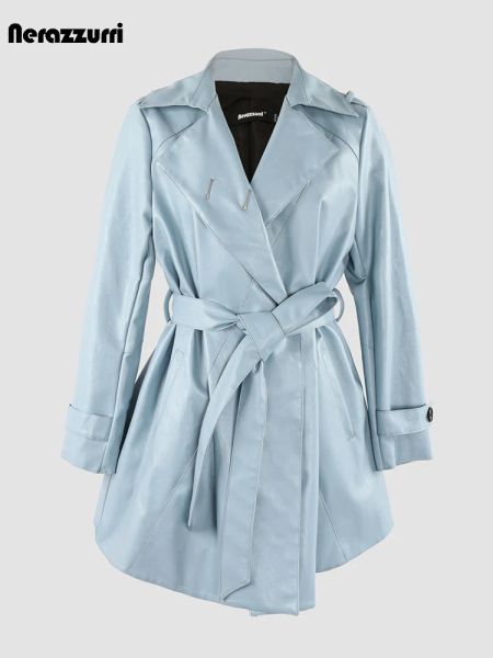 Jacken Nerazzurri Herbst Asymmetrische Hellblaue Weiche Pu-Lederjacken für Frauen Schärpen Luxus Elegant Chic Hochwertige Kleidung 2023