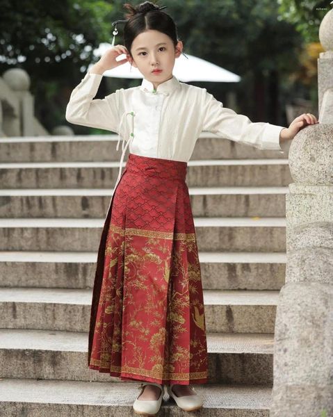 Etnik Giyim Hanfu Suit Kızlar Mamianqun Chinoiserie Tang Antik Çocuklar için At Yüzü Etek Çocuk Prensesi Çin Pileli Elbise