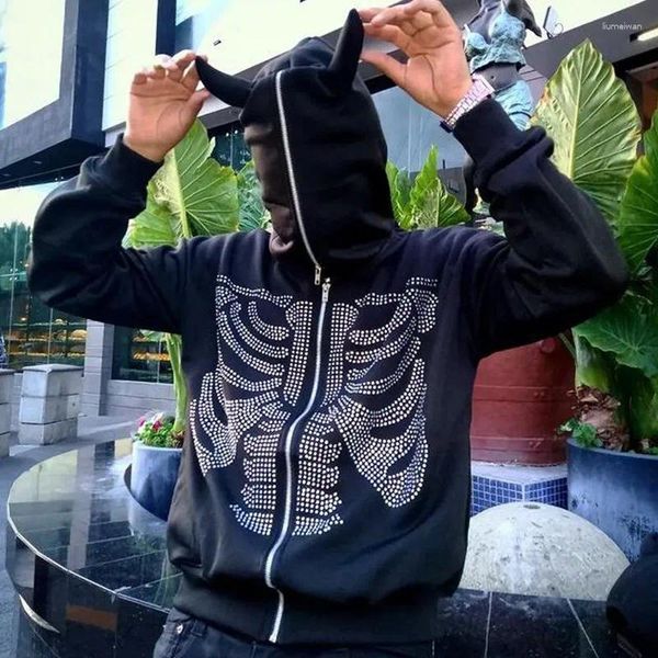 Erkek Hoodies Erkekler Y2K Giysileri Hoodie Moda Ceket Goth Rhinestones Canavar Azgın İskelet Baskı Uzun Kollu Sweatshirt Büyük boyutlu kadın