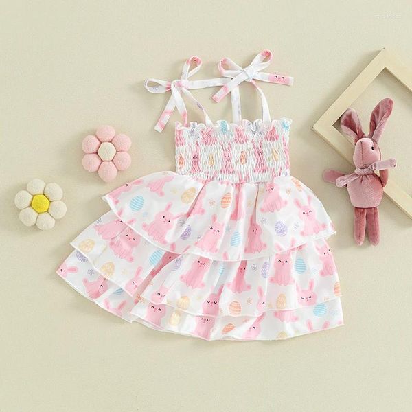 Mädchenkleider Ostern Kleinkind Mädchen Kleid Kaninchen Aufdruck Schnürung Spaghettiträger Ärmellos gerafft Baby Sommer Lässig Prinzessin