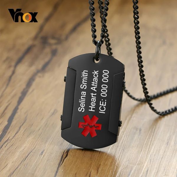 Colares Vnox Grátis Personalizar Preto Alerta Médico ID Pingente para Homens Aço Inoxidável Grosso Cão Resistente Homem Tag Colar