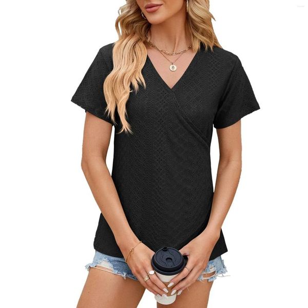 Kadın Tişörtleri Kısa Kollu Düz Renk V Boyun Gevşek İçi Boş Girmiş Gömlek Pamuk Spandex Tee Kadın Kadınlar Uzun Kollu Tees