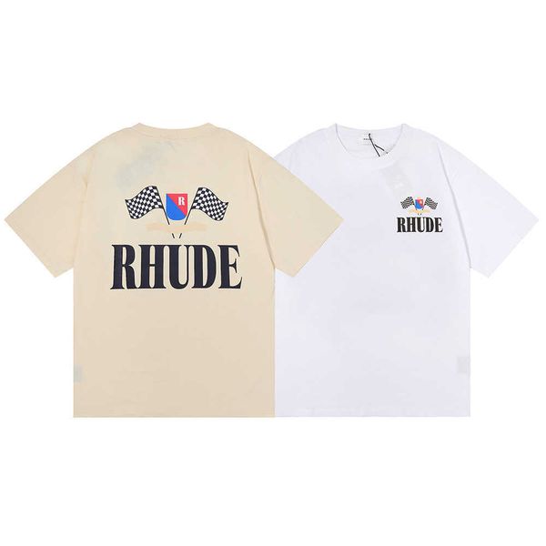 Designer rhude camiseta mens chaopai rhude micro etiqueta carta bandeira impressão de manga curta t-shirt para homens e mulheres casais high street solto metade