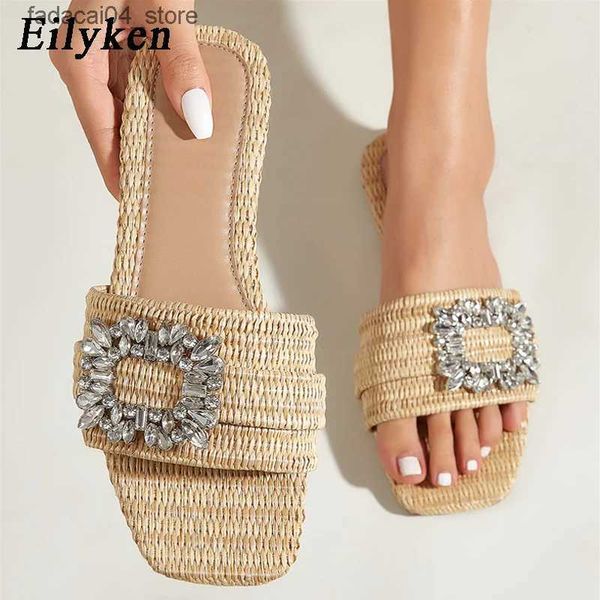 Chinelos Eilyken Verão Glitter Strass Mulheres Chinelos Brilhante Diamante Flat Bottom Cane Crystal Sandálias Praia Slides Sapatos Zapatos Muje Q240221