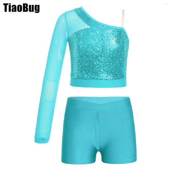 Abbigliamento da palco Costume da ballo per bambina per bambina Completo con paillettes luccicanti Top corto in rete trasparente con una spalla e pantaloncini con cintura a V