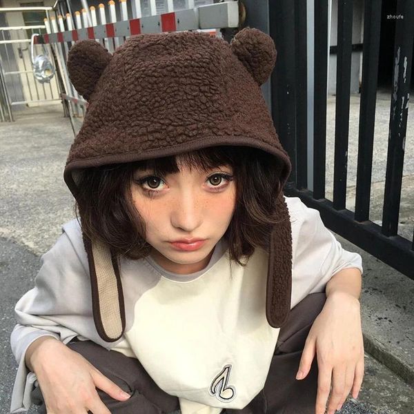 Berretti Imitazione Lana di agnello Orecchie da orso carino Cappelli bomber per le donne Autunno e inverno Viaggi all'aperto Sci Moda coreana Berretto da uomo caldo