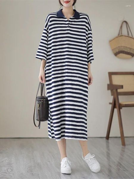 Casual Kleider 2024 Sommer Langes Kleid Damenmode Hong Kong Stil Lose Entspannte Polo Kragen Gestreiften Baumwolle T-shirt Große