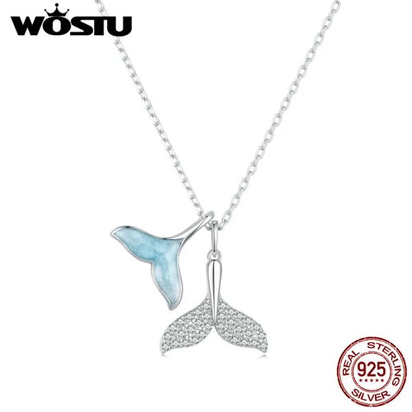 Halsketten WOSTU 925 Sterling Silber Doppelwalschwanz Halskette Blauer Ozean Zirkon Anhänger Verstellbare Kette für Frauen Geschenk Edler Schmuck