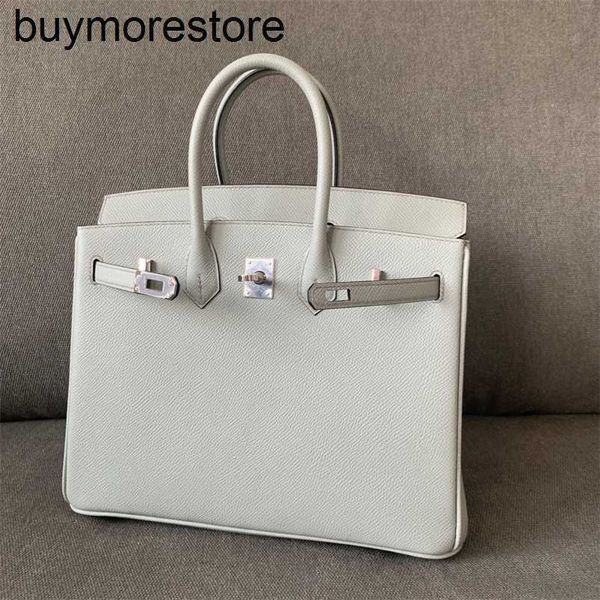 Borsa firmata Bks Handmade 7a Vera pelle tenuta a mano 25 cm Argento grigio Epsom Borsa da donna Grande capacità UI1U