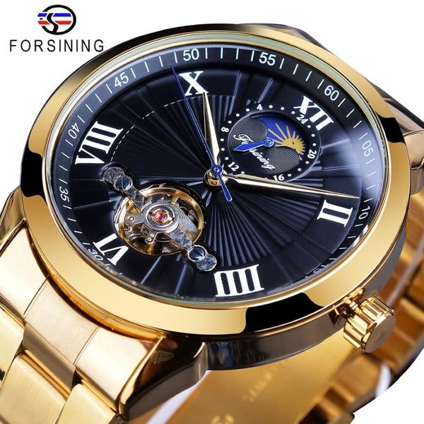 Forsining Uomo Acciaio inossidabile Tourbillion Design Nero Moon Phase Dial Mens Orologi da polso meccanici automatici Top Brand Luxury233w