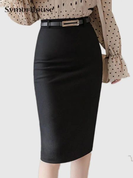 Vestidos novo trabalho wear preto lápis saias mulheres cintura alta divisão bodycon saia com cintos sexy elegante escritório saias vermelhas femininas