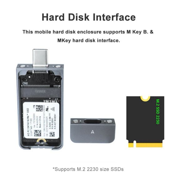 Boxs Tragbare SSD-Box USB3.2 Gen2 M.2 NVMe 2230 SSD-Gehäuseadapter M.2 M Key Solid State Drive-Gehäuse USB TypeC MB Key für M2 2230 SSD