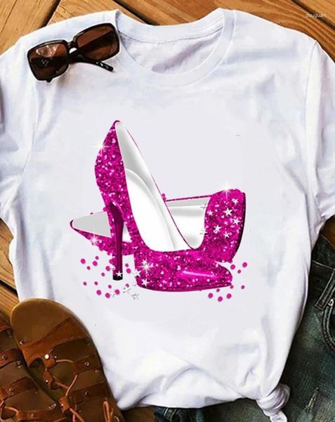 Damen-T-Shirts, Jugendmädchen, gemustert, High Heels, bedruckt, Rundhalsausschnitt, lässiges T-Shirt auf Lager