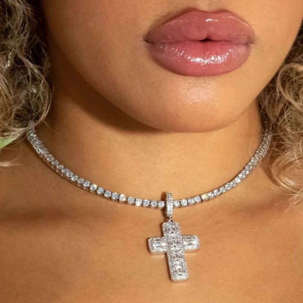 5a 5mm Cz Tennis Kette Diamant Kreuz Anhänger Halskette Iced Out Bling Rechteck Stein Hip Hop Frauen Valentinstag Geschenk