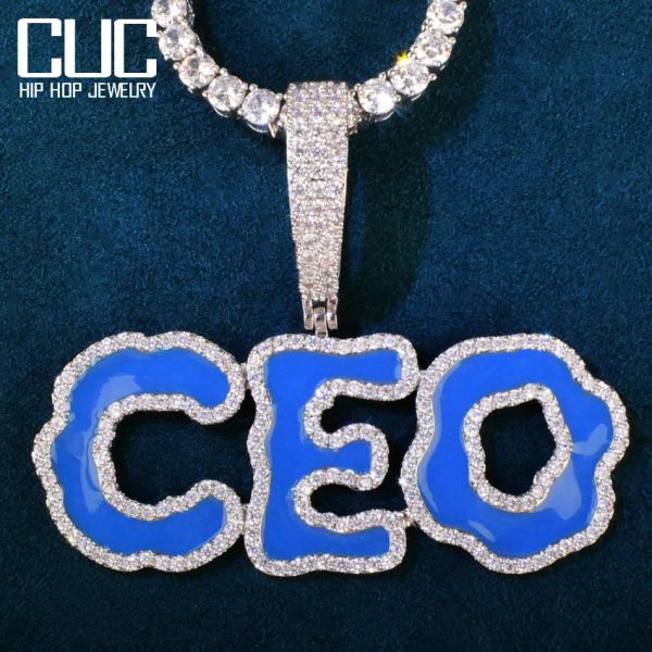 Halsketten CUC Custom Blue Oil Letter Name Anhänger für Männer Solid Back Make Number Necklac Zirkonia Hip Hop Schmuck