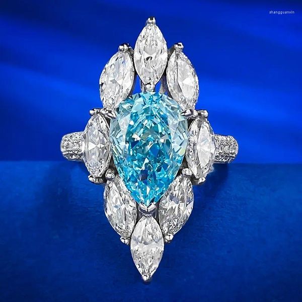 Cluster Ringe Luxus Aquamarin Diamant Ring Echt 925 Sterling Silber Party Hochzeit Band Für Frauen Männer Engagement Schmuck Geschenk