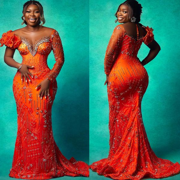 2024 Aso Ebi Orange Meerjungfrau Abendkleid Perlen Kristalle Pailletten Sexy Abend Formale Party Zweiter Empfang Geburtstag Verlobungskleider Kleider Robe De Soiree ZJ53