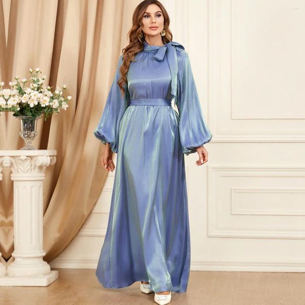 Abiti casual Abito musulmano in raso Abaya da donna Elegante Dubai Turchia Arabo islamico Abaya solido con lacci Caftano Pianura saudita