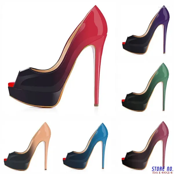 Sapatos de vestido mulheres bombas sexy plataforma peep toe 14cm saltos extremamente altos mulher patente couro nighclub vermelho casamento gradiente stiletto