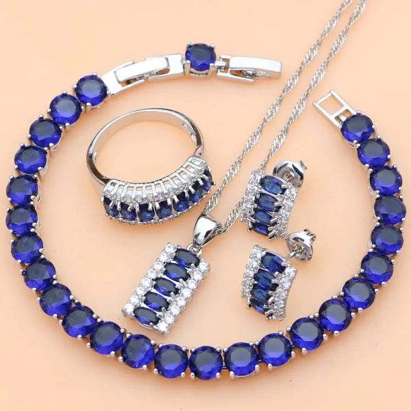 Armbandohrringe Halskette Sets Silber 925 Braut Schmucksets Blau Saphir weiße CZ Dokoration für Frauen Party Ohrringe Anhänger Ringe Armband Halskette Set Set