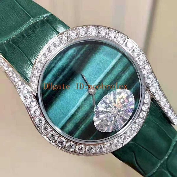 Nova mulher diamante relógio de luz limão senhoras relógio suíço quartzo 18k platina 316l aço caso moldura diamante safira couro verde str293a