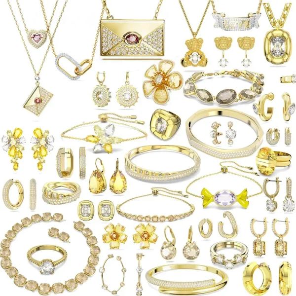 Set JM Original Letra 2023 Fine Jewelry Set Luxury Swa Collana Orecchino Anello Bracciale per donna Oro giallo Zircone cristallo con logo