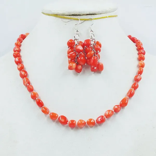 Колье, простое универсальное летнее женское ожерелье, комплект оранжевого натурального коралла/серьг, 18 дюймов