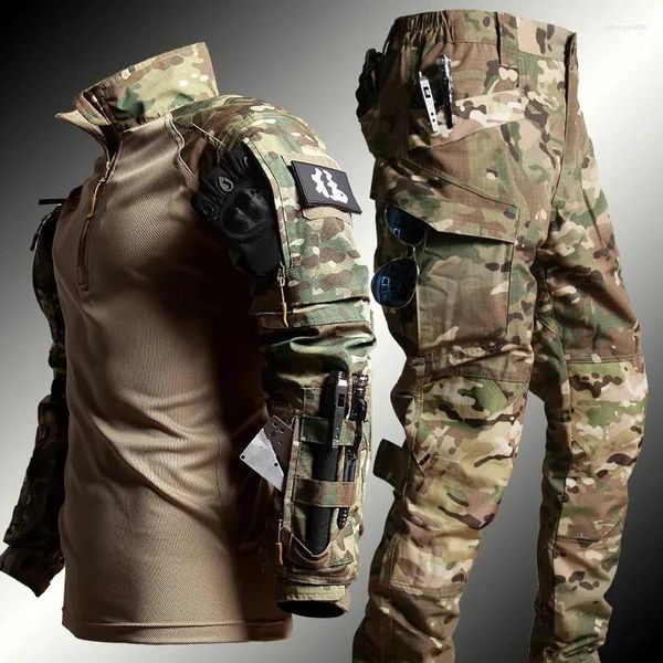 Fatos masculinos outono tático sapo terno homens militar paintball 2 peças define airsoft roupas swat assalto camisas calças forças especiais
