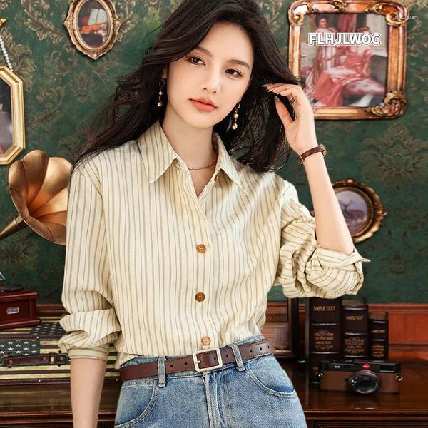 Blusas femininas camisas de faixa Chic Korea 2024 FLHJLWOC Primavera Verão de manga longa Office casual Lady Basic Wear Botão Retro vintage