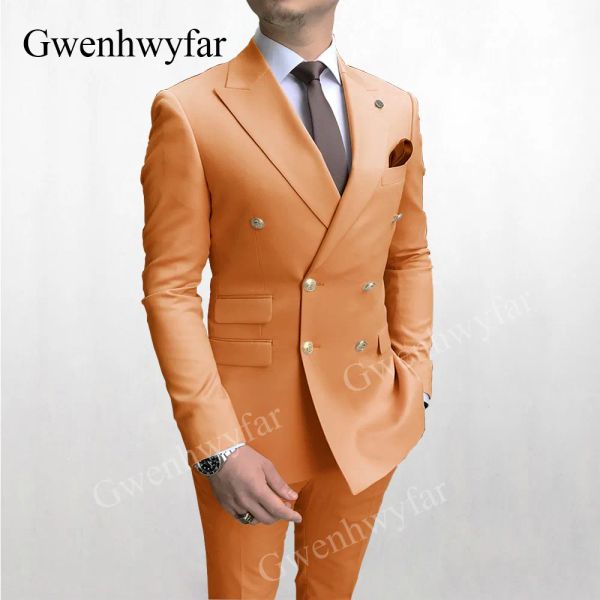 Suits gwenhwyfar çift göğüslü erkekler takım elbise turuncu odun kömürü siyah lacivert kraliyet mavisi beyaz moda altın düğme parti kıyafetleri (ceket+pantolon)