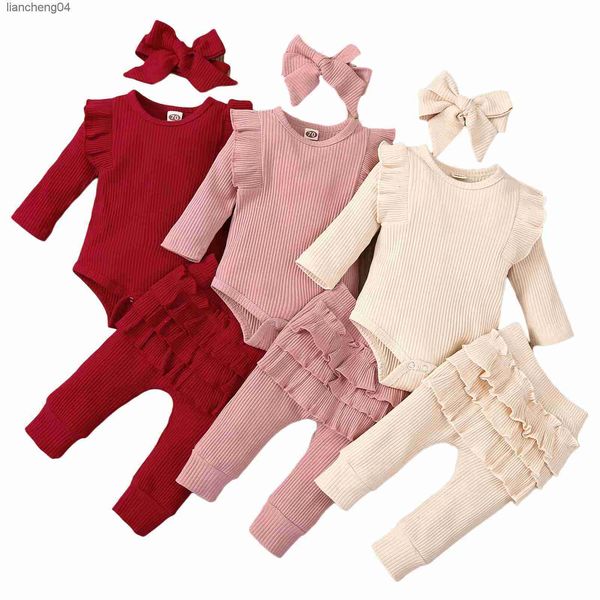 Giyim Setleri 3pcs Bebek Kız Kıyafet Seti Yenidoğan Çocuk Kids Giyim Seti Kız Bebek Dantel Dantel Çırpı Pamuk Bodysuit +Pantolon +Baş Bandı Giysileri