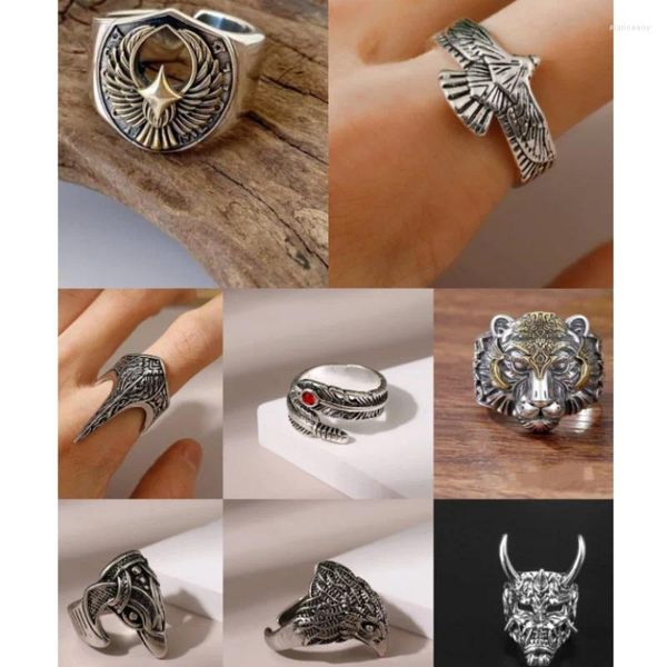Anéis de cluster vintage personalidade gótica masculino dominador pequeno animal anel moda punk bat águia tigre aberto jóias