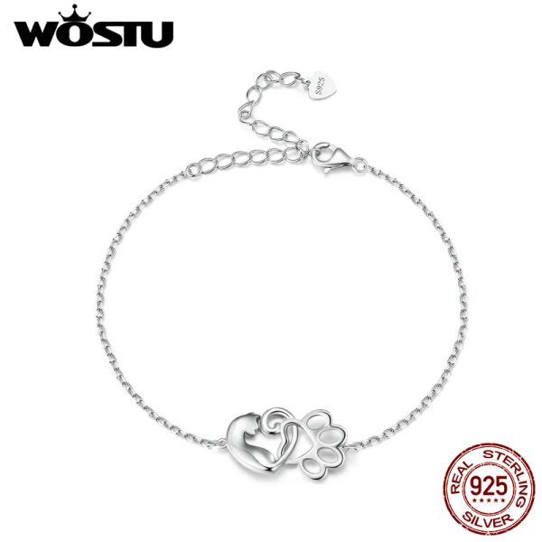 Bangles Wostu Real 925 Sterling Silver Cute Cat Charm Pulseiras Adorável Pet Paw Chain Links Menina Presente de Aniversário Jóias Acessórios de Festa