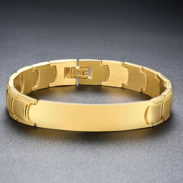 Braccialetti Bracciale identificativo da uomo personalizzato in acciaio inossidabile con catena classica color oro. Polsino maschile