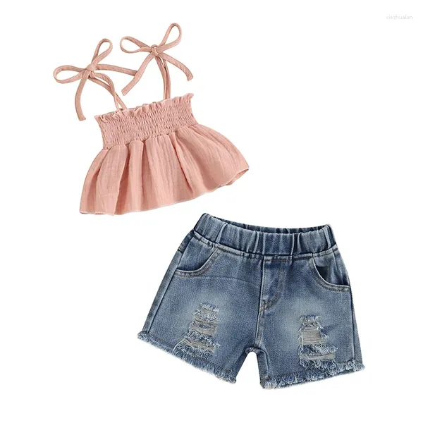 Conjuntos de roupas Criança Crianças Bebê Menina T-shirt Top Denim Jeans Shorts Set Tie-Up Plissado Camisole Rasgado Verão 2 Peças Outfit