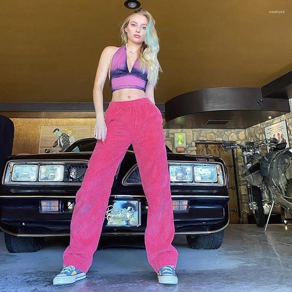 Pantaloni da donna Y2K Moda Rosa Velluto a coste 2024 Vita alta Stile Hip Hop Tasca allentata Lunga anni '90 Streetwear E-girl Abiti Rave