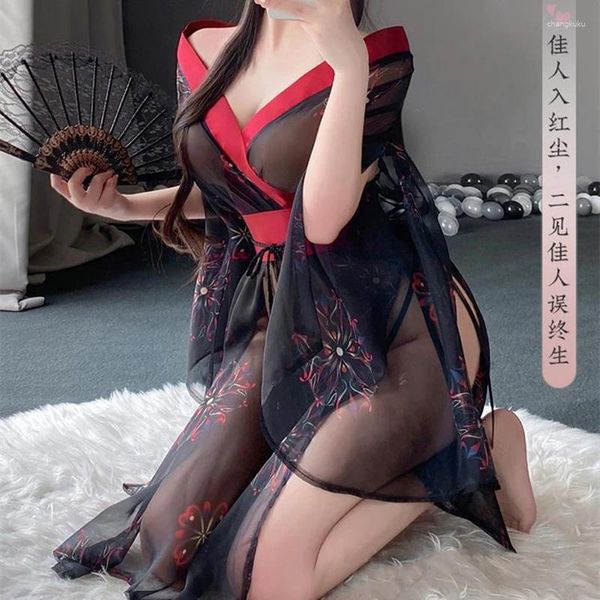 Abbigliamento etnico Kimono sexy giapponese Accappatoio stampato Prospettiva cosplay Costume Set cintura Biancheria intima tradizionale in chiffon da donna V profonda
