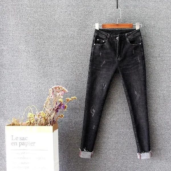 Женские джинсы, черные брюки, эластичные брюки-карандаш с высокой талией, узкие и узкие брюки с отбортовкой, стиль 2024