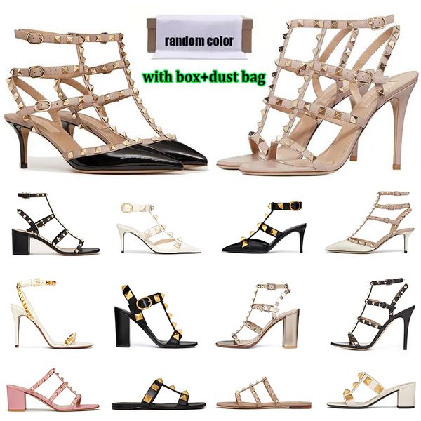 Mit Box Designer-Sandalen für Damen, klassische High Heels, Leder, Lack, Luxus-Hausschuhe, Nieten, Damen-Slider, modische Slipper, Damen-Slide, Outdoor-Kleid, Hochzeitsschuhe