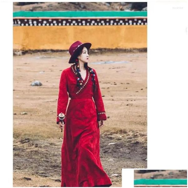 Palco desgaste roupas tibetanas bola estilo étnico vinho vermelho vestido v-pescoço 4 estações algodão senhora chinês zang pessoa amor gota entrega appar ot4sx