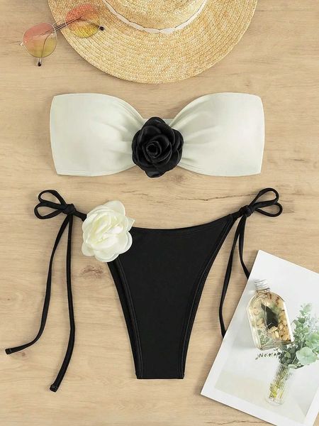 Mulheres Swimwear Sexy 3D Floral Designer Bikini Set 2024 Novo Bandeau Push Up Bra Preto e Branco Remendo Trabalho Mini Maiô Tanga Maiô J240221