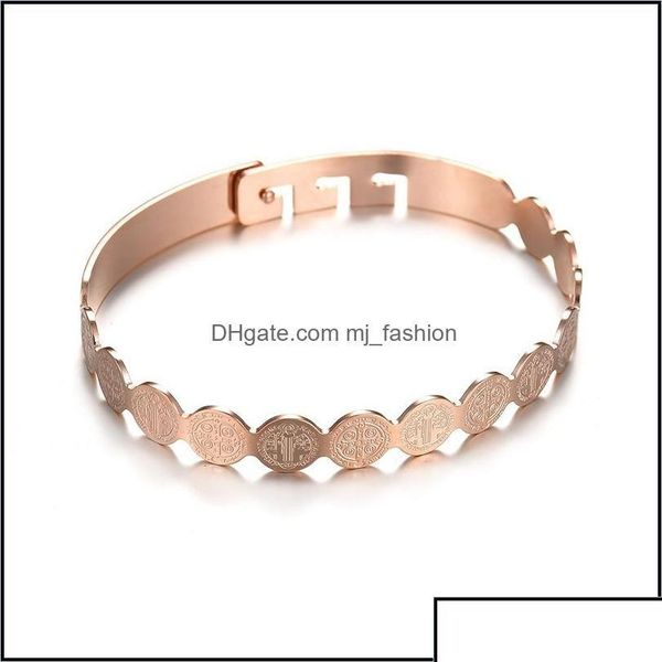 Bracciale rigido Bracciale rigido con medaglia San Benito in acciaio inossidabile per donna Oro rosa / oro / argento Colore metallo San Benedetto Goccia regolabile Dhj9I