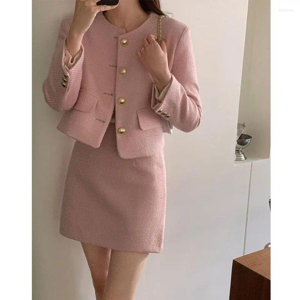 İki parçalı elbise unxx Koreli Koreli Kış Minimalist Uzun Kollu Blazer Set Moda Petite Yuvarlak Boyun Kısa Etek 2 Parça Kadın