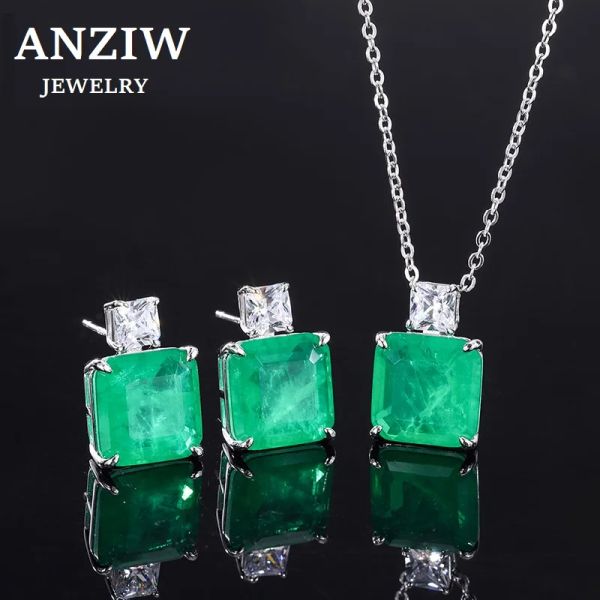 Set Anziw Orecchini quadrati con smeraldo simulato vintage Orecchini con pendente in pietra preziosa 10 * 10mm Collana in argento sterling 925 con gioielli da donna