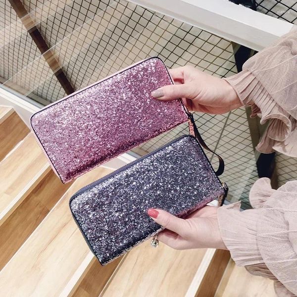 Carteiras Europeu Estilo Americano Carteira de Couro Mulheres Glitter Lantejoulas Moda Dinheiro Bolsa Sacos de Cor Sólida